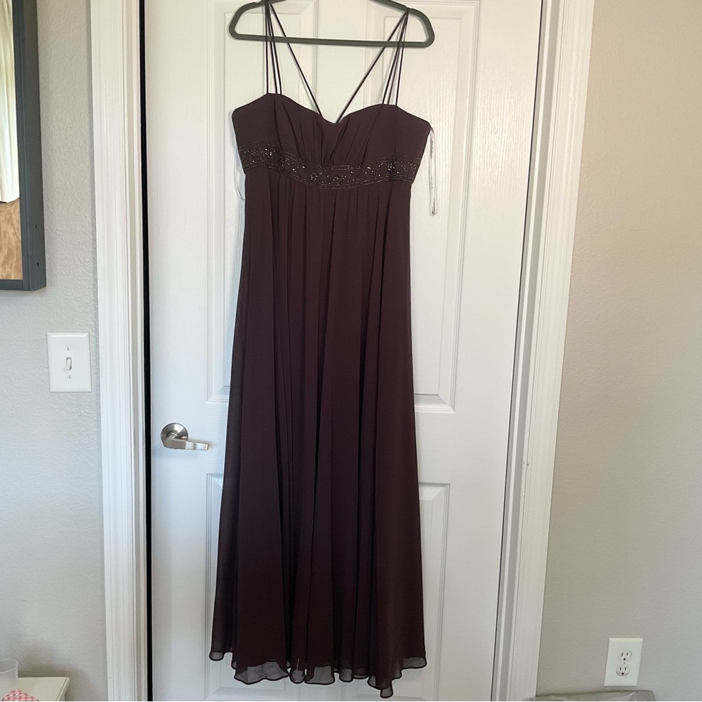 David's Bridal Chocolate Brown Beaded Empire Maxi Dress